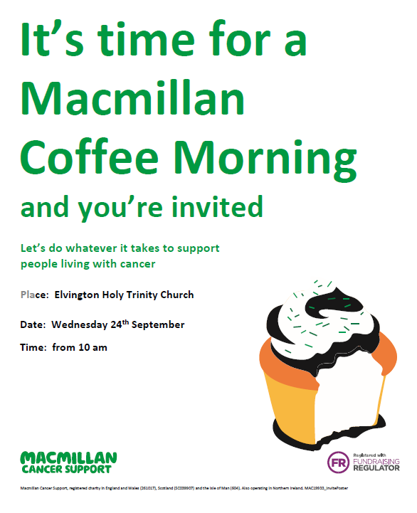 Macmillan Coffee Morning 10am Wednesday 24th September 2025 in Elvington Church